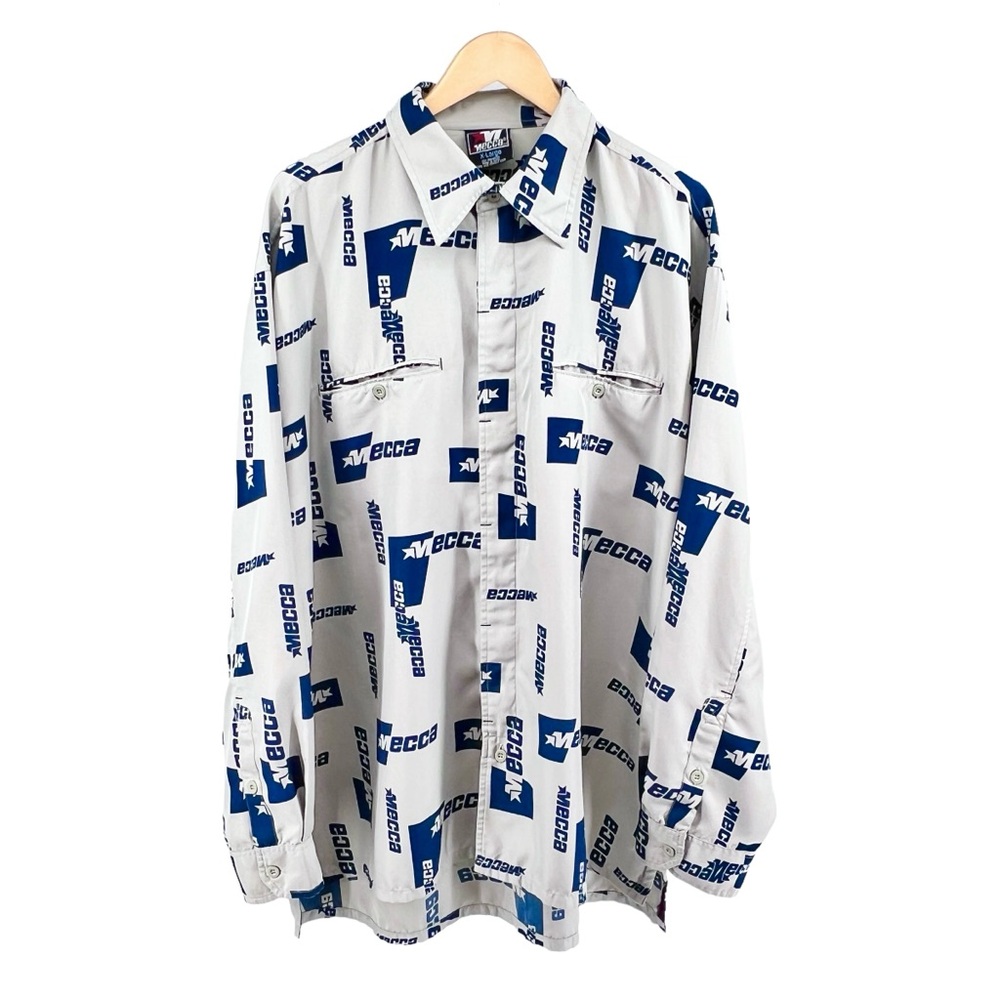 Vintage Mecca USA Mens Button Up Shirt XL Write Out Print Streetwear 90s Hip Hop